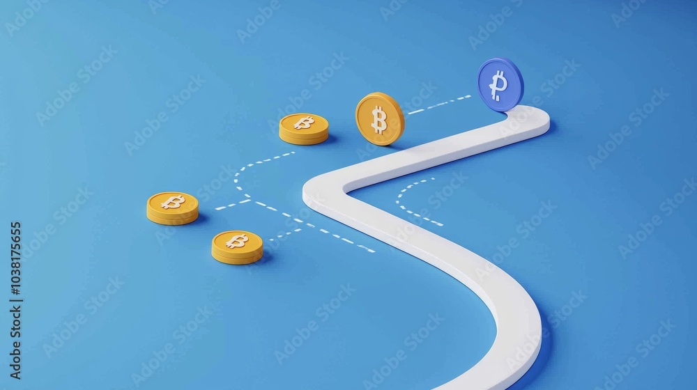 Poster customer journey concept with bitcoin coins on a blue background representing pathways and decision 
