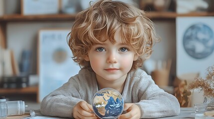 Curious young student engages with a holographic projection of the Earth to study geography and the planet s features in a science classroom setting