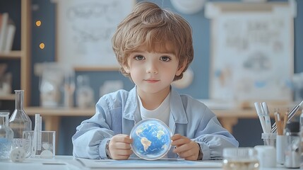Young student in a science classroom setting using a holographic projection of the Earth to study geography and learn about the world around them  The scene includes various lab supplies