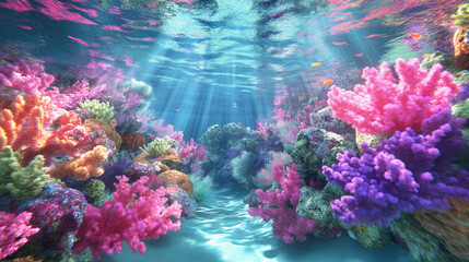 An underwater scene filled with vibrant corals in various shades of pink, purple, and orange. Colorful tropical fish swim lazily among the coral formations, while shafts of sunlight penetrate the clea