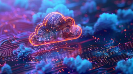 Vivid neon cloud computing icon merged with circuit design on striking blue background