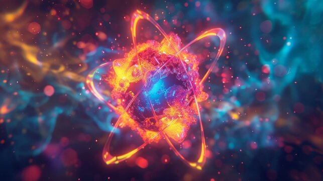 Close up of an atom detailed view of subatomic particles and vibrant electrons orbiting nucleus