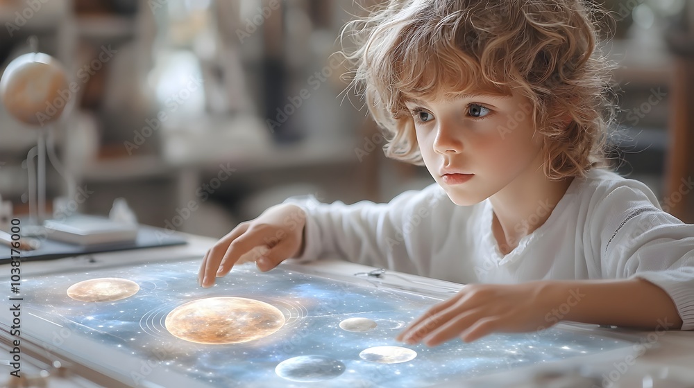 Poster curious children standing around a glowing display table exploring a holographic projection of plane