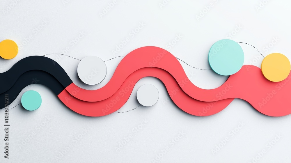Poster abstract representation of customer journey concept with colorful circles and wavy lines on white ba