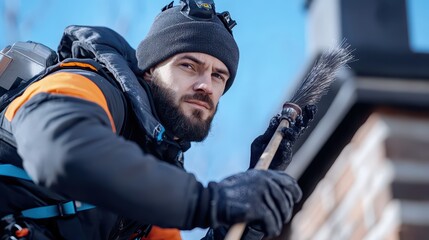 Male Chimney Sweep in Protective Gear Cleaning an Old House Chimney with Long Brush