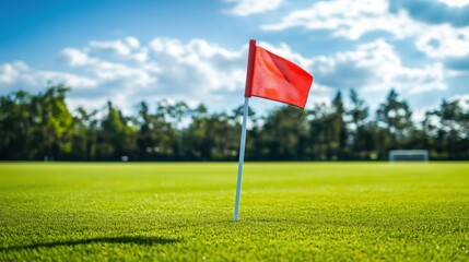 A soccer field's corner flag, outdoor setting with green field, Urban style