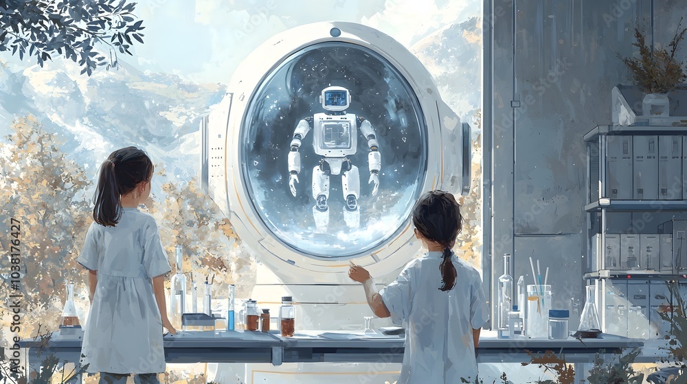 Poster young students engaged in interactive learning exploring a holographic robot display in a high tech 
