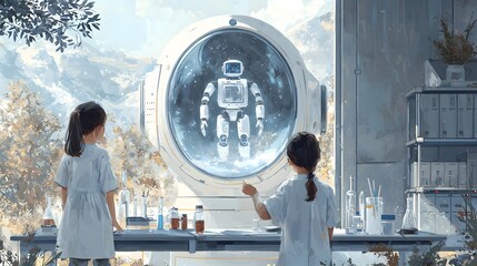 Young students engaged in interactive learning exploring a holographic robot display in a high tech science classroom setting with futuristic lab equipment and educational tools