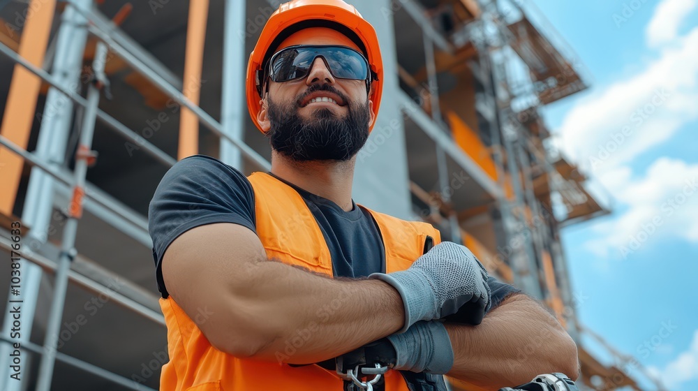 Poster male construction foreman overseeing workers and monitoring progress on a dynamic building site with