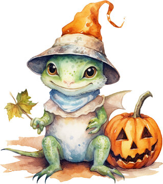 Fantasy Cute Spooky Orange Halloween Monster Creature, witch hat,character,children's book,maple leaves,pumpkin,rustic,adventure,smile,celebration