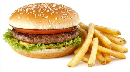 Delicious Burger and Fries on a White Background Perfect for Lunch Break Concepts and Food Advertisements