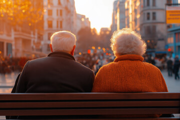 Elderly couple relaxes on a bench, taking in the bustling shopping scene and colorful lights of the city at sunset