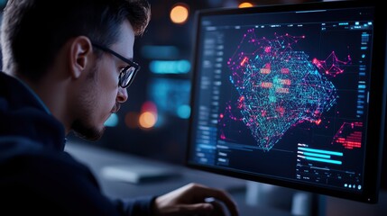 Male Data Scientist Utilizing Statistical Software to Analyze Big Data in a Modern Corporate Office Setting