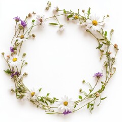Fototapeta premium Simple daisy wildflower bouquet wreath with delicate petals, forming a circular arrangement, isolated on a white background