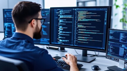 Dedicated Male Database Administrator Efficiently Monitoring Multiple Server Screens in a Fast-Paced Tech Environment with Advanced Technical Equipment