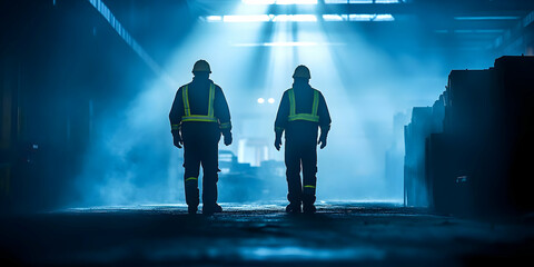 Two Silhouettes of Workers Walking Towards Light in a Factory.