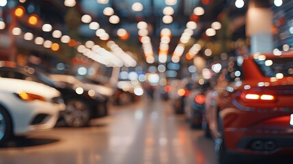 interior blurred abstract background of new cars in a showroom