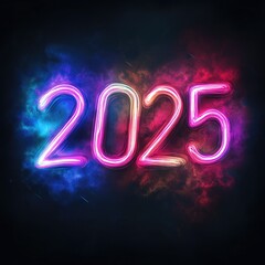The year 2025 is depicted in bright pink neon, glowing against a dark background with blue and red clouds of dust and shooting stars.