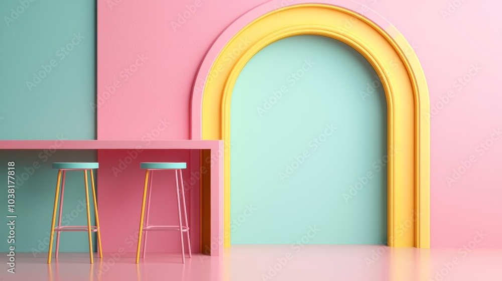 Poster vibrant modern interior design with colorful archway and stools representing customer journey concep