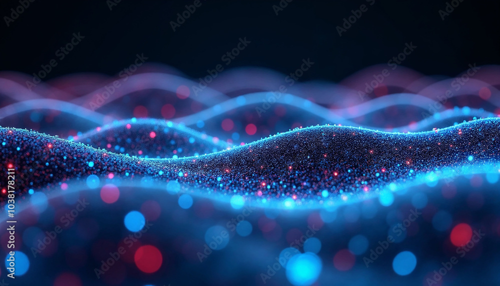 Poster abstract red, blue tech background with digital waves, dynamic network system, and technology backgr
