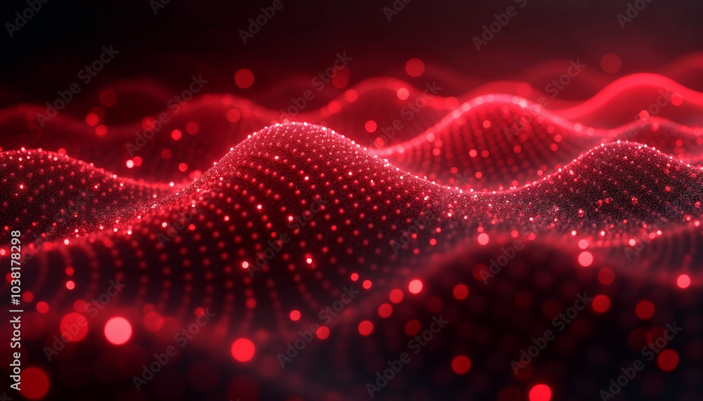 Poster abstract red tech background with digital waves, dynamic network system, artificial neural connectio
