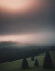 Obraz premium Misty landscape with evergreen trees and colorful fog at dawn or dusk