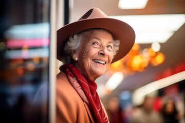 Elderly woman smiling during festive Christmas shopping at local mall