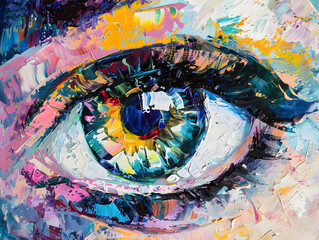 Obraz premium Abstract painting of an eye, with colorful and vibrant colors, and thick brush strokes. 