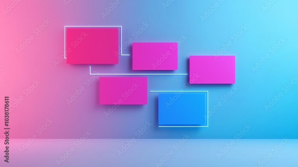 Poster abstract gradient background with floating rectangles and neon lines in pink and blue tones
