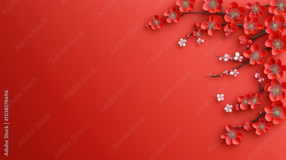 Poster a vibrant red background adorned with delicate cherry blossoms, creating a striking contrast and an 