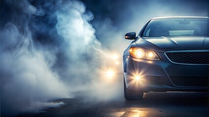 Car in Foggy Night with Headlights On
