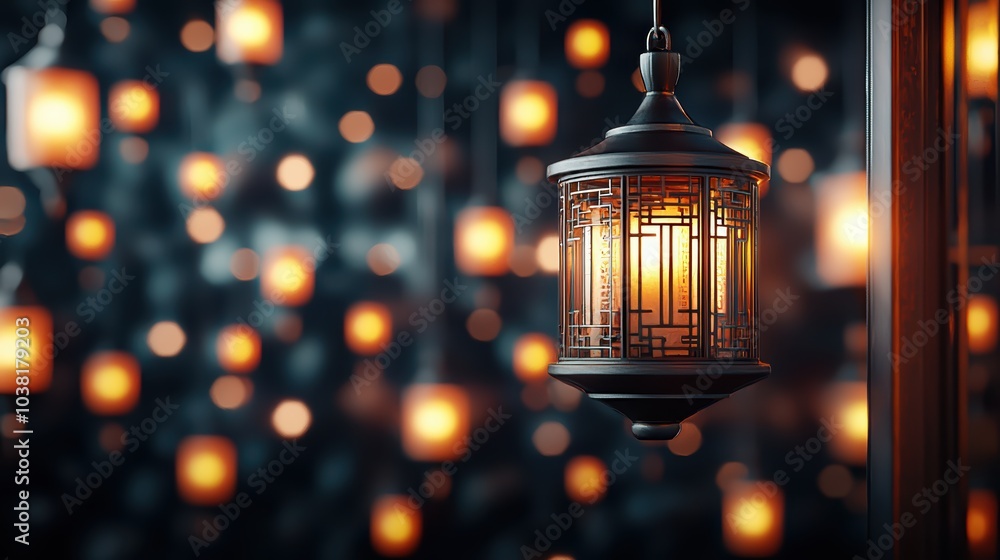 Poster an elegant lantern illuminates the night, surrounded by softly lit bokeh lights, creating a serene a