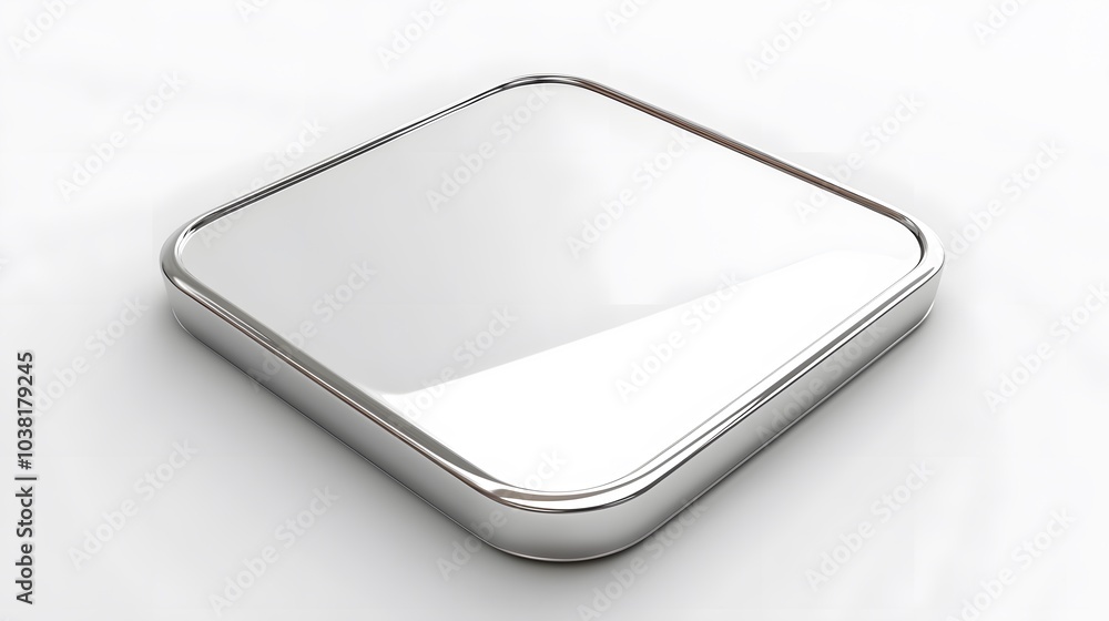 Poster blank mobile application icon, button - silver square with round corners. 3d rendering, white backgr