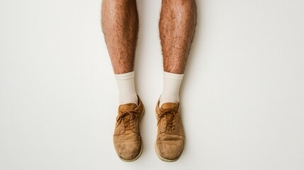 Close-Up of Human Legs with Visible Skin Conditions and Hair, Wearing White Socks and Brown Shoes on White Background