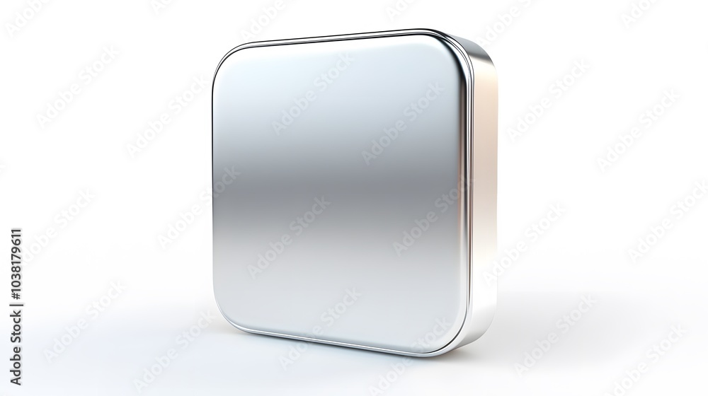 Poster blank mobile application icon, button - silver square with round corners. 3d rendering, white backgr