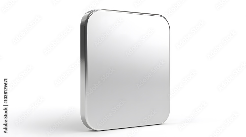Poster blank mobile application icon, button - silver square with round corners. 3d rendering, white backgr