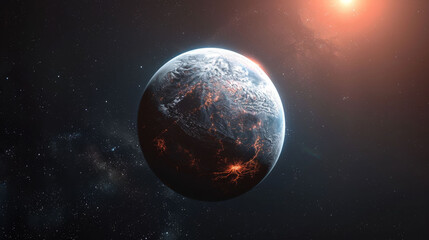 Obraz premium stunning perspective of exoplanets atmosphere, showcasing vibrant colors and dynamic features. planet is illuminated by distant star, creating captivating cosmic scene