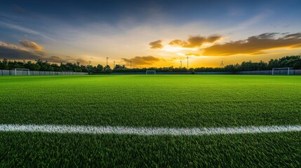 Obraz premium A soccer field's freshly mowed grass, outdoor setting with dusk lighting, Dynamic style