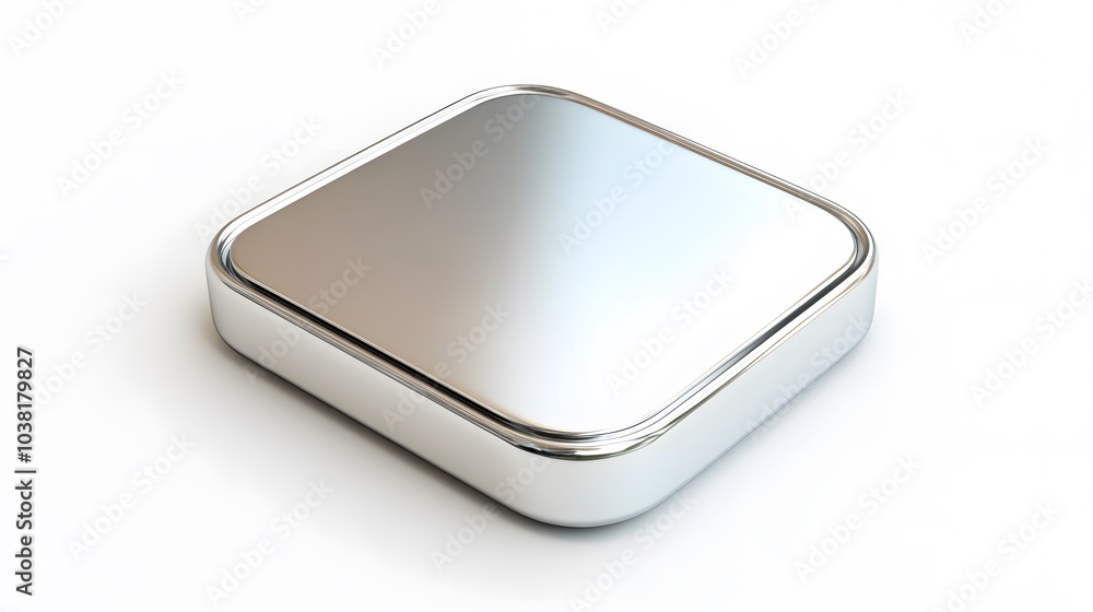 Poster blank mobile application icon, button - silver square with round corners. 3d rendering, white backgr