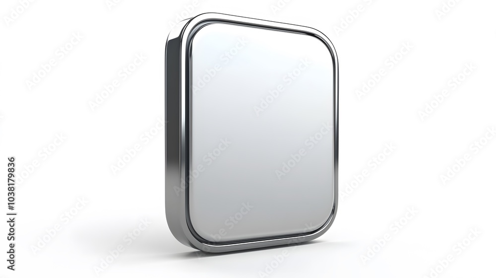 Poster blank mobile application icon, button - silver square with round corners. 3d rendering, white backgr