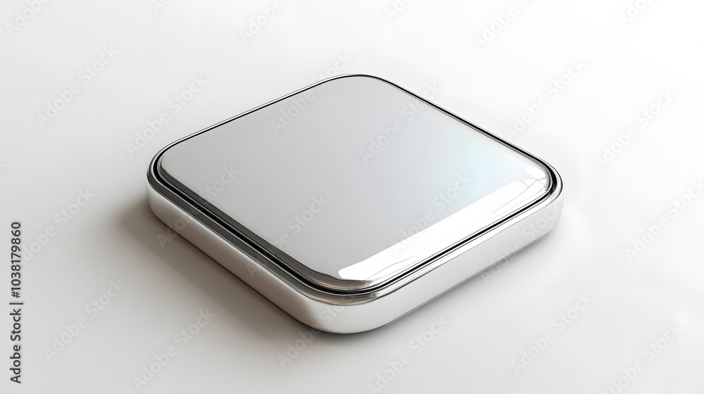 Poster blank mobile application icon, button - silver square with round corners. 3d rendering, white backgr