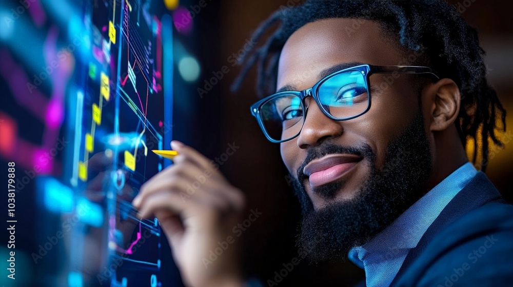 Poster data-driven success: a confident and focused businessman with dreadlocks and glasses analyzes data o