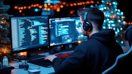 Creative Male Indie Game Developer Coding in a Cozy Home Studio Surrounded by Screens Notes and Holiday Lights