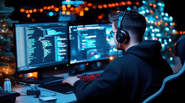 Creative Male Indie Game Developer Coding in a Cozy Home Studio Surrounded by Screens Notes and Holiday Lights