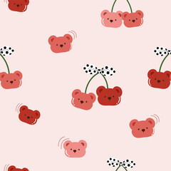 red cherries fruit  shaped  teddy bear  faces with polka dot bows  seamless pattern , vector , illustration