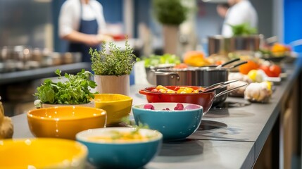 A colorful culinary workshop with gourmet ingredients and kitchen tools, Chef’s essentials organized amidst culinary creativity, Epicurean cuisine style