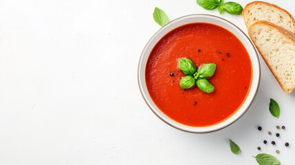 Elegant Dinner Concept with Tomato Soup and Fresh Basil Garnish on White Background