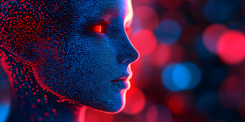Digital Portrait of a Woman with Red and Blue Lights.