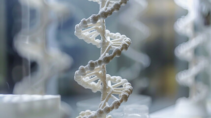macro shot of 3D printed model of DNA helix, showcasing intricate details and structure. design highlights beauty of genetic engineering and modern technology