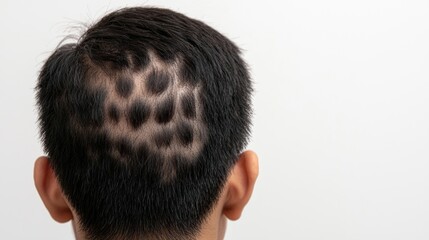 Close-Up of Scalp with Alopecia Areata Showing Patchy Hair Loss on the Back of a Man's Head Against a White Background